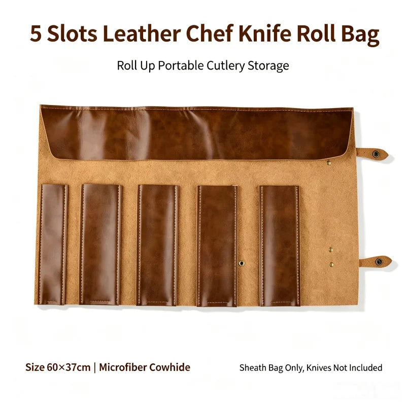 Portable Handheld Split Leather Knife Roll Pouch Vintage Cutlery