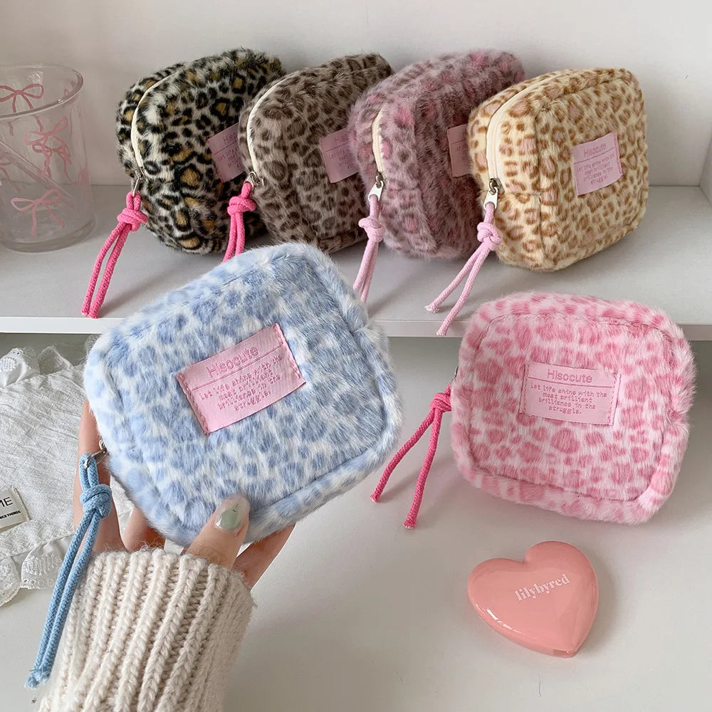 Fashion Trendy Plush Square Leopard Pattern Makeup Bag Winter Cute
