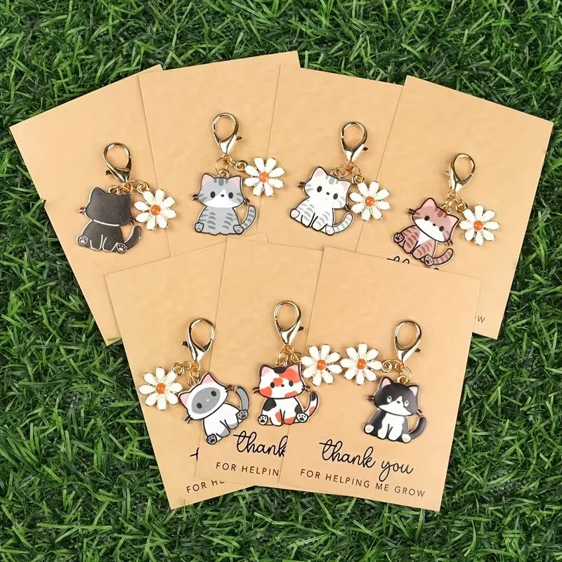7/14-Piece Cute Cartoon Cat and Daisy Keychain Set, with Inspirational