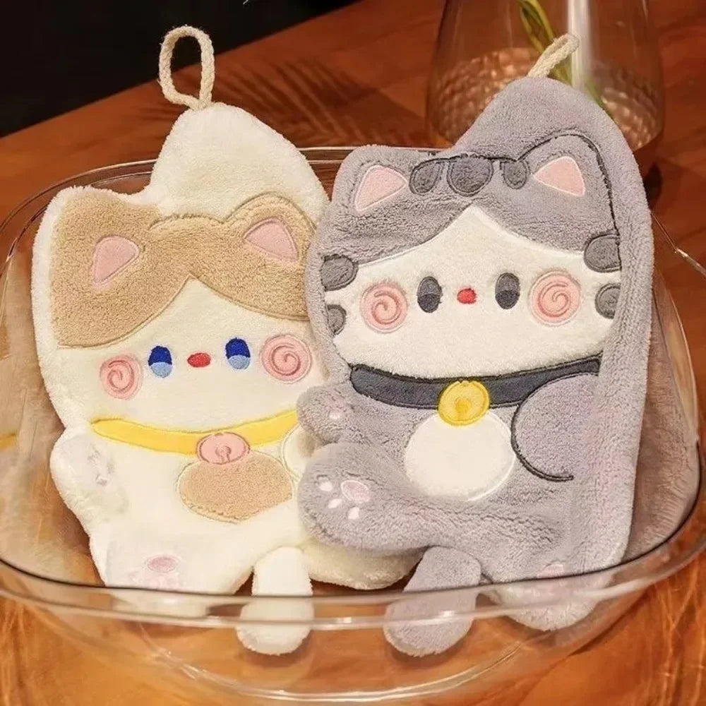 Cute Cat Hand Towel Quick Drying Kitchen Cleaning Rag Coral Velvet