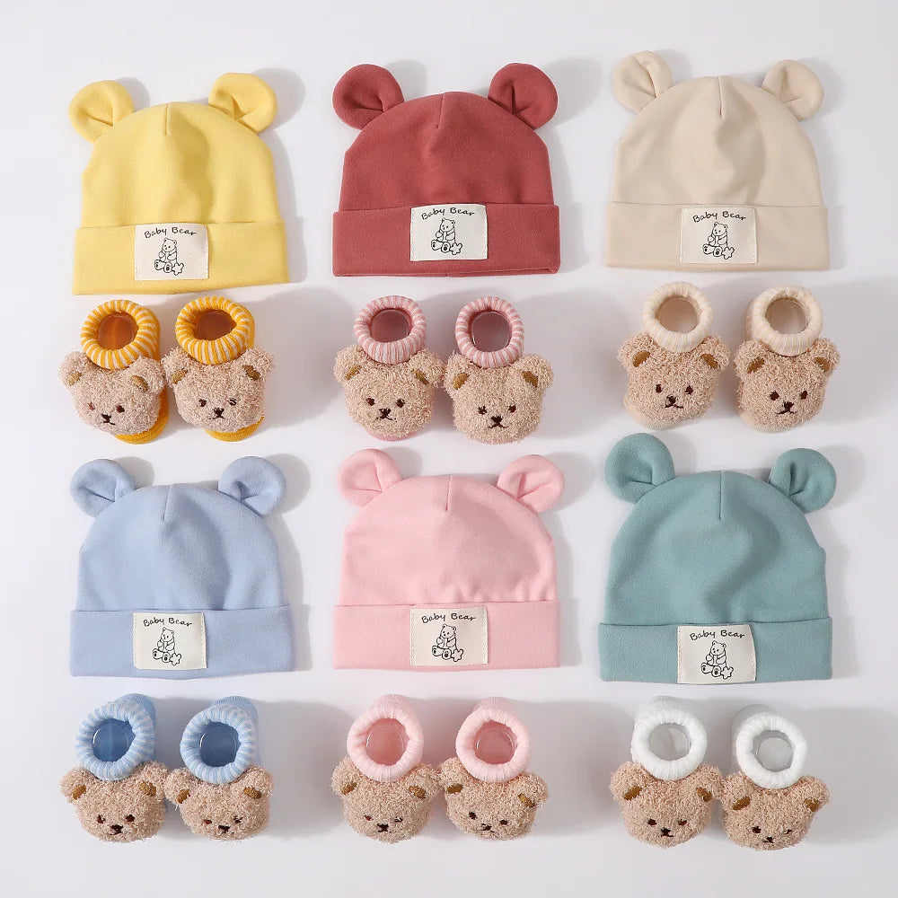 1Set Winter Bear Baby Warm Hats Socks For Newborn Autumn New Soft