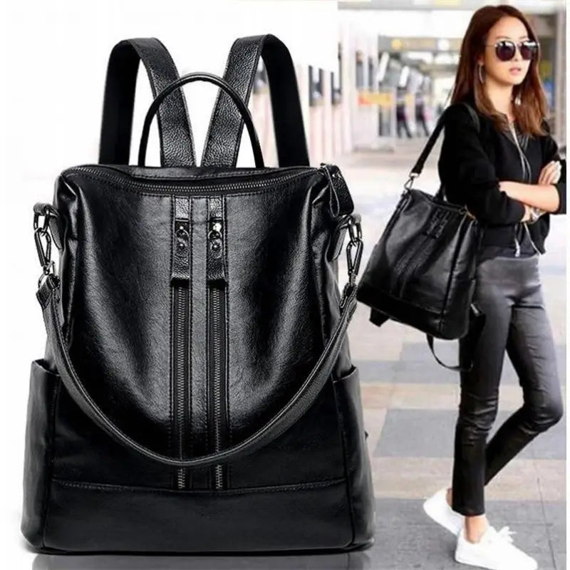 Women's Soft Leather Backpack — Black Casual Multifunctional School Bag