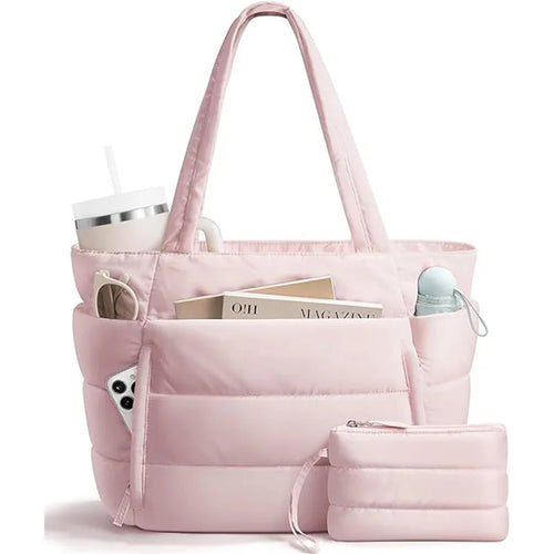 Trendy Quilted Tote Bag for Women Multi Compartment Zip Top Handbag