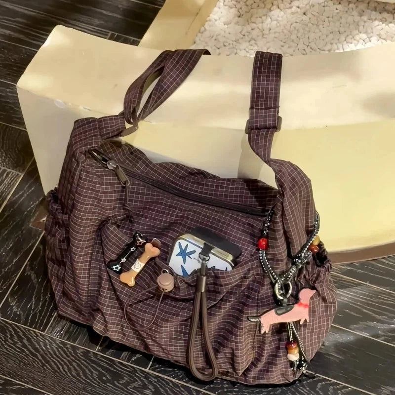 Korean Nylon Shoulder Bag Fashion Simple Plaid Zipper Tote Bag