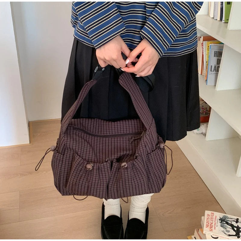 Korean Nylon Shoulder Bag Fashion Simple Plaid Zipper Tote Bag