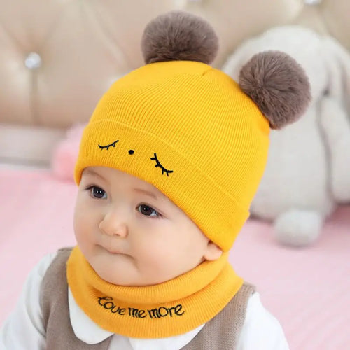 2pcs Winter Baby Hat Scarf Set Toddler Girl Boy Cap Knitted Beanie Fur