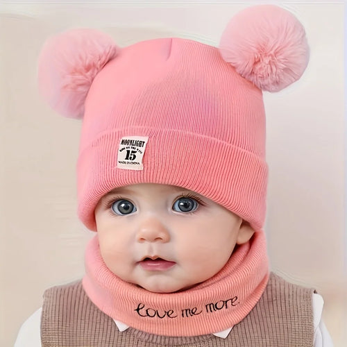 2pcs Winter Baby Hat Scarf Set Toddler Girl Boy Cap Knitted Beanie Fur