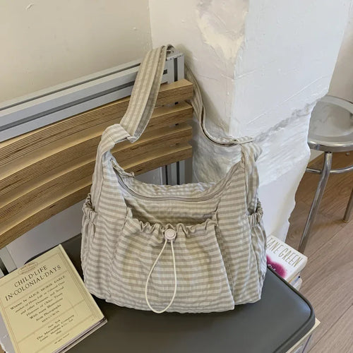 Korean Nylon Shoulder Bag Fashion Simple Plaid Zipper Tote Bag