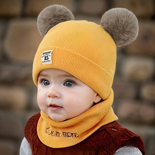 2pcs Winter Baby Hat Scarf Set Toddler Girl Boy Cap Knitted Beanie Fur