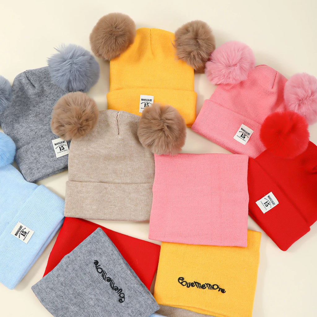 2pcs Winter Baby Hat Scarf Set Toddler Girl Boy Cap Knitted Beanie Fur