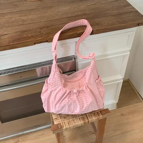 Korean Nylon Shoulder Bag Fashion Simple Plaid Zipper Tote Bag