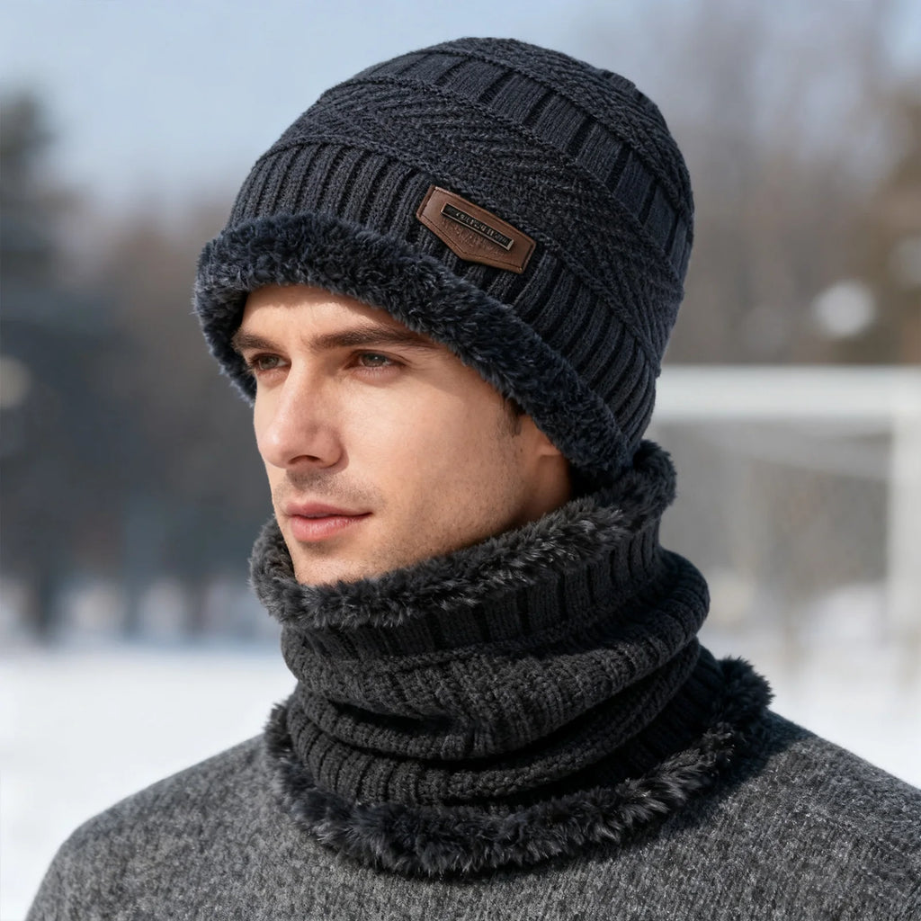 Autumn Winter Knitted Velvet Warm Set With Fleece Lined Knit Hat Scarf