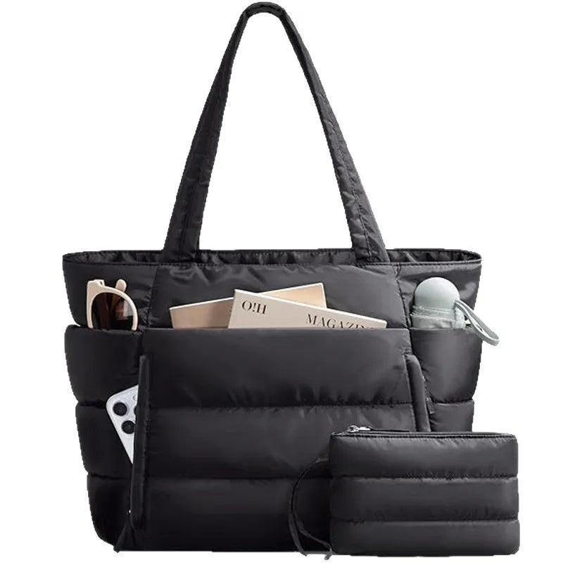 Trendy Quilted Tote Bag for Women Multi Compartment Zip Top Handbag