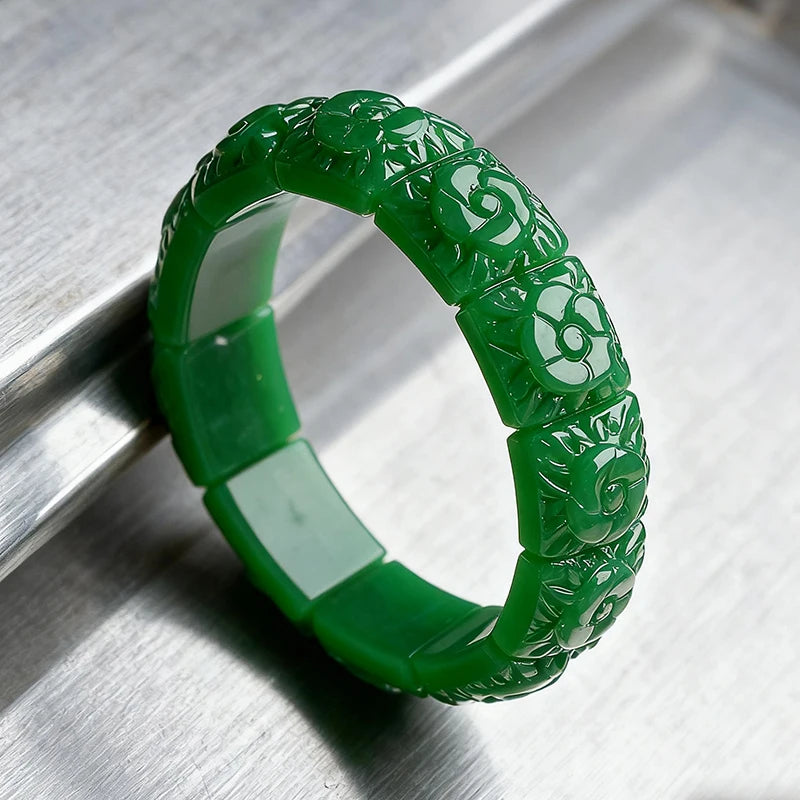 Real Jade Flower Bracelet Bangle Designer Vintage Natural Jewelry