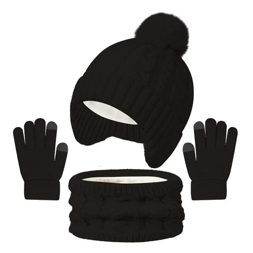 3Pcs Children Knitted Hat Scarf Gloves Set Fleece Lining Warm Kids