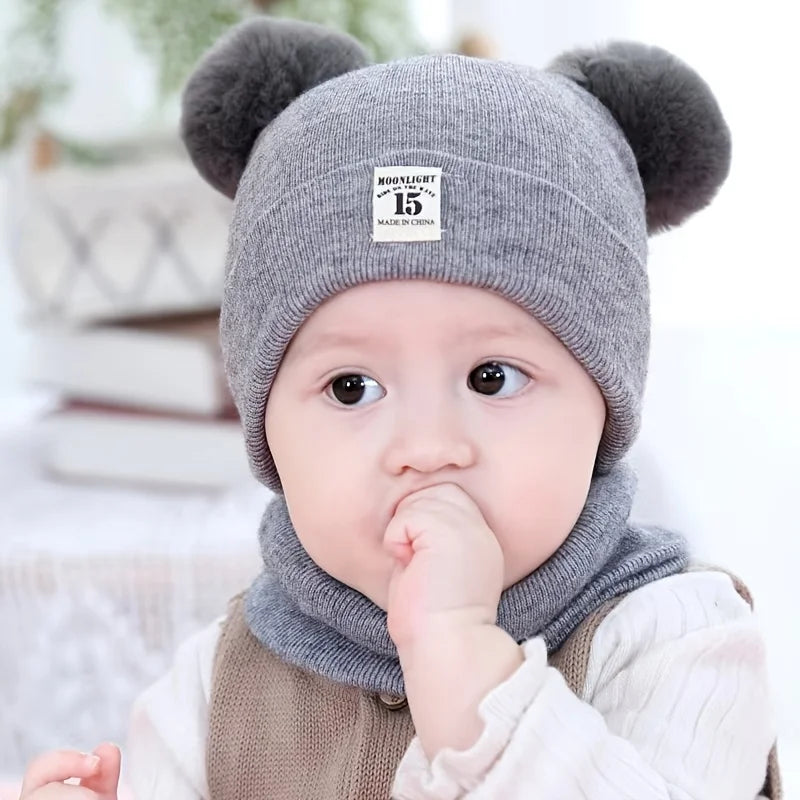 2pcs Winter Baby Hat Scarf Set Toddler Girl Boy Cap Knitted Beanie Fur