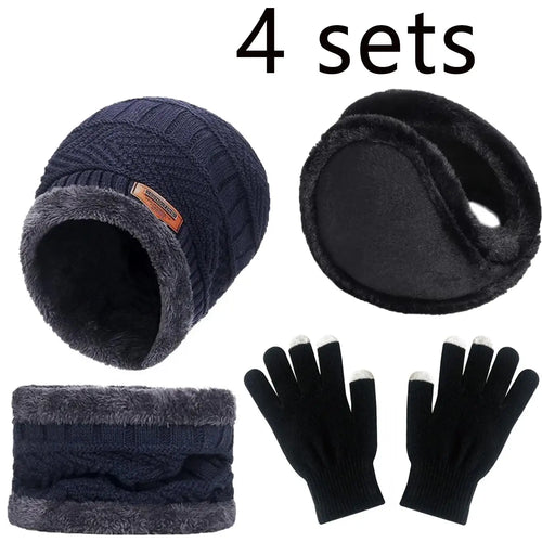 2/4pcs sets Winter Warm Velvet men Hat Scarf Gloves Set For men and