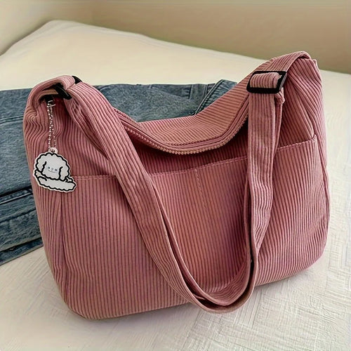 Women’s Corduroy Shoulder Bag, Casual Striped Large Capacity Tote with