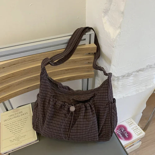 Korean Nylon Shoulder Bag Fashion Simple Plaid Zipper Tote Bag