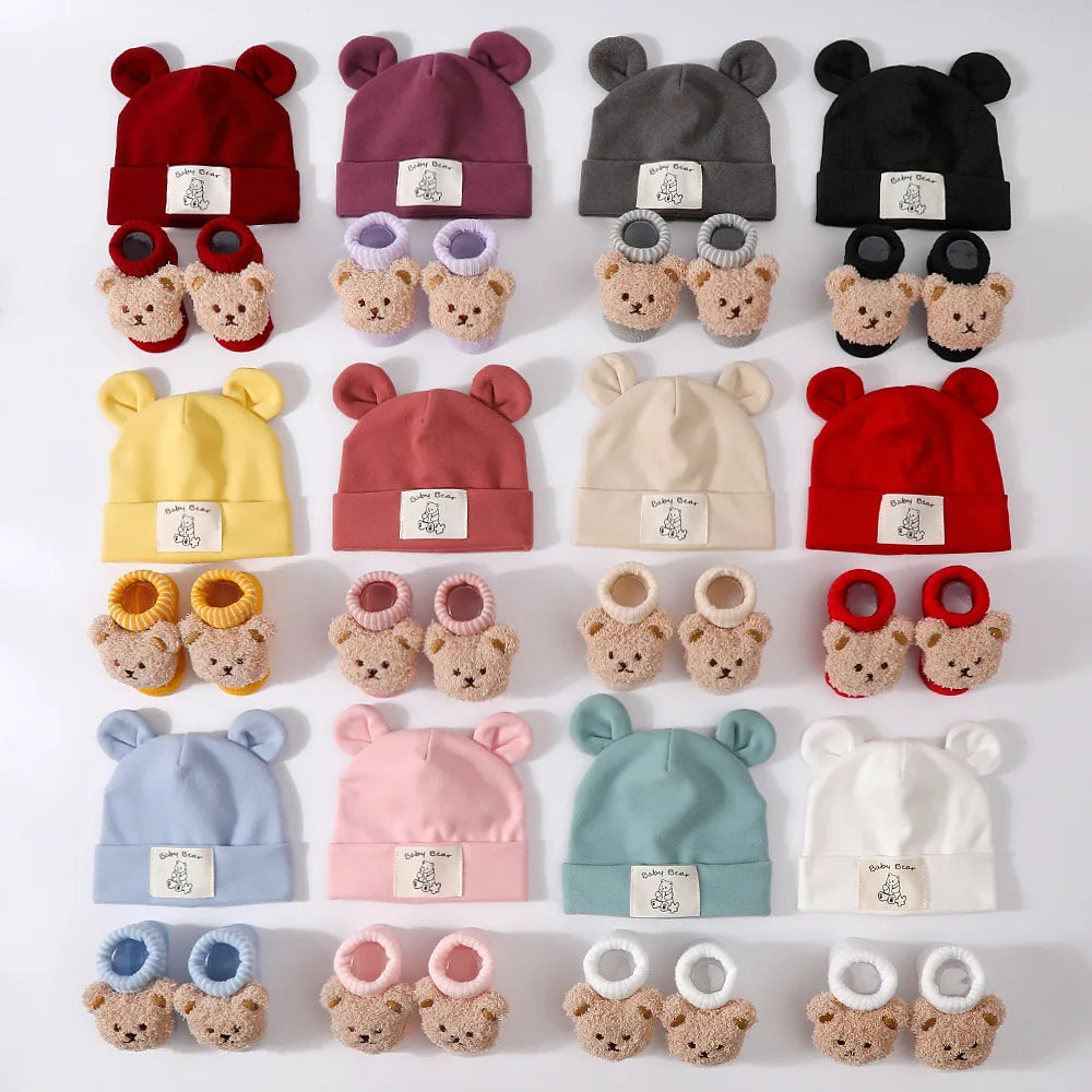 1Set Winter Bear Baby Warm Hats Socks For Newborn Autumn New Soft