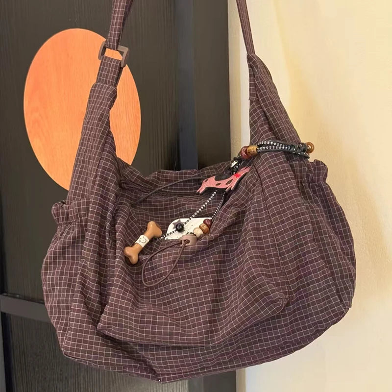 Korean Nylon Shoulder Bag Fashion Simple Plaid Zipper Tote Bag