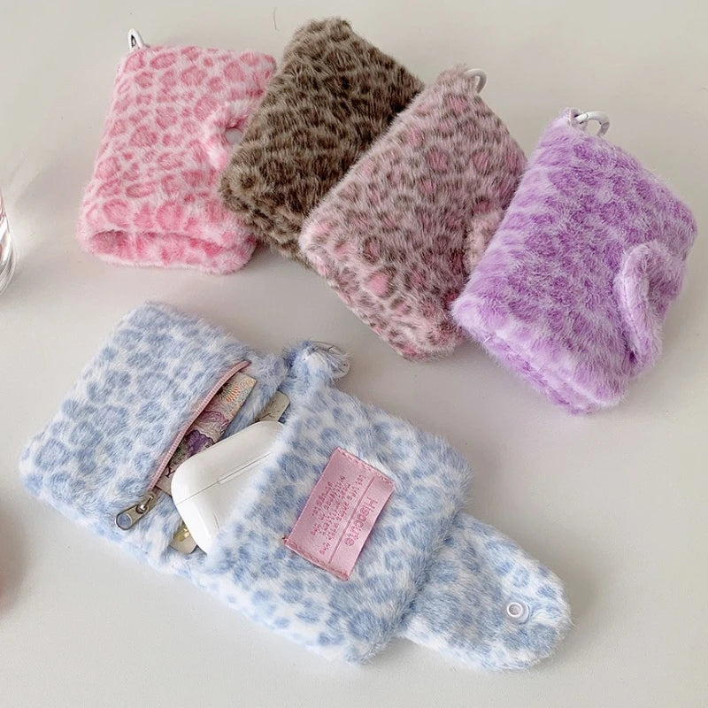 Leopard Pattern Plush Coin Purse Cute Wallet Card Bag Korean Fashion