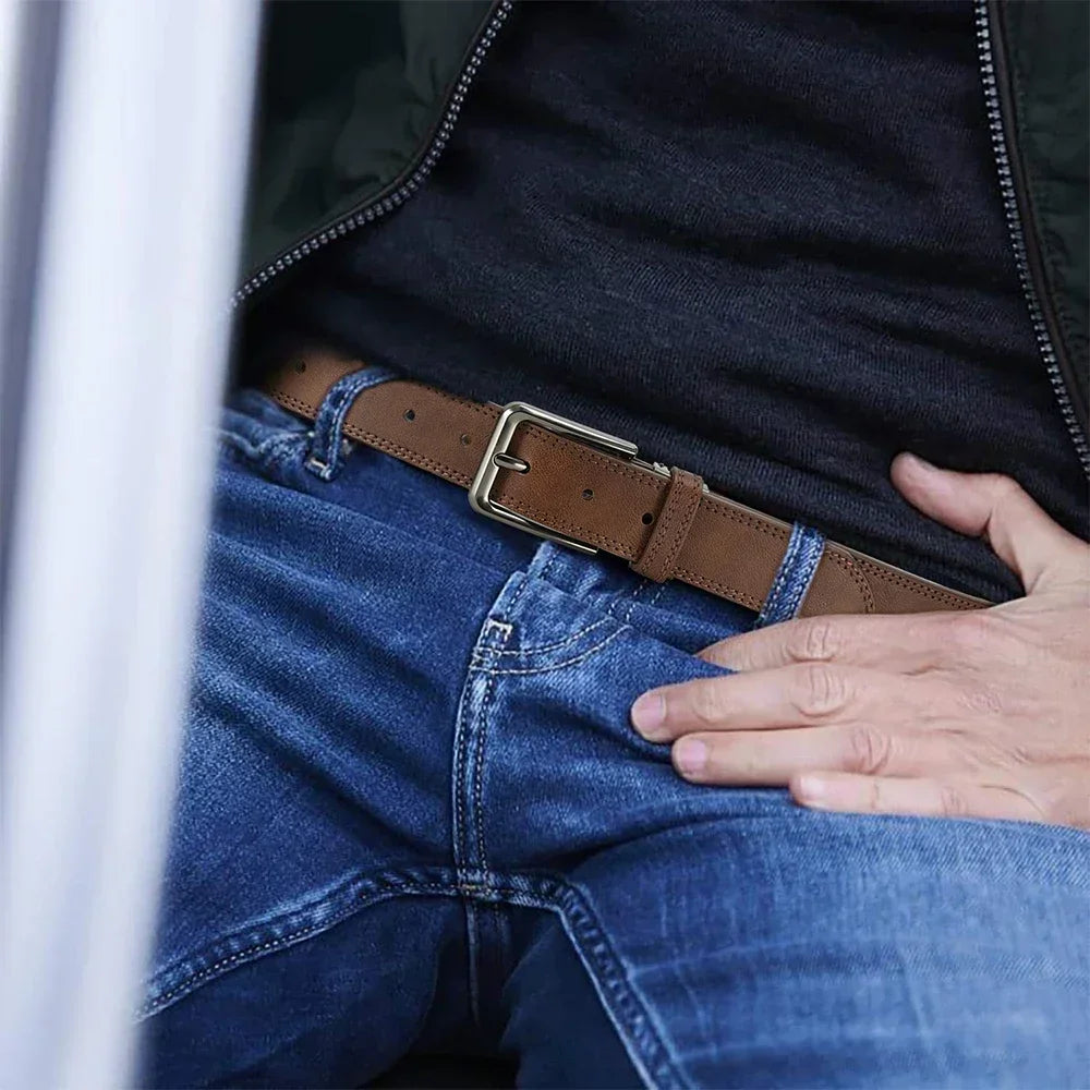 Men Belts High Quality Genuine Leather LONG Large Pin Buckle Metal