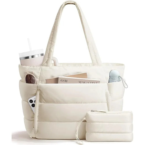 Trendy Quilted Tote Bag for Women Multi Compartment Zip Top Handbag