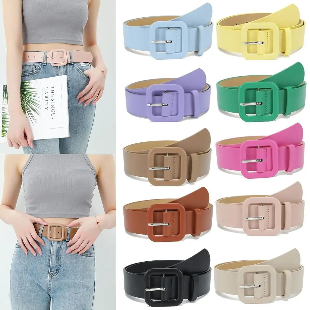 Fashion Women Leather Belt Candy Color Square Buckle Waistband Luxury