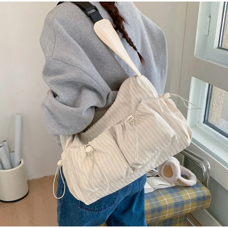Korean Nylon Shoulder Bag Fashion Simple Plaid Zipper Tote Bag