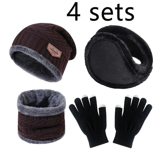 2/4pcs sets Winter Warm Velvet men Hat Scarf Gloves Set For men and
