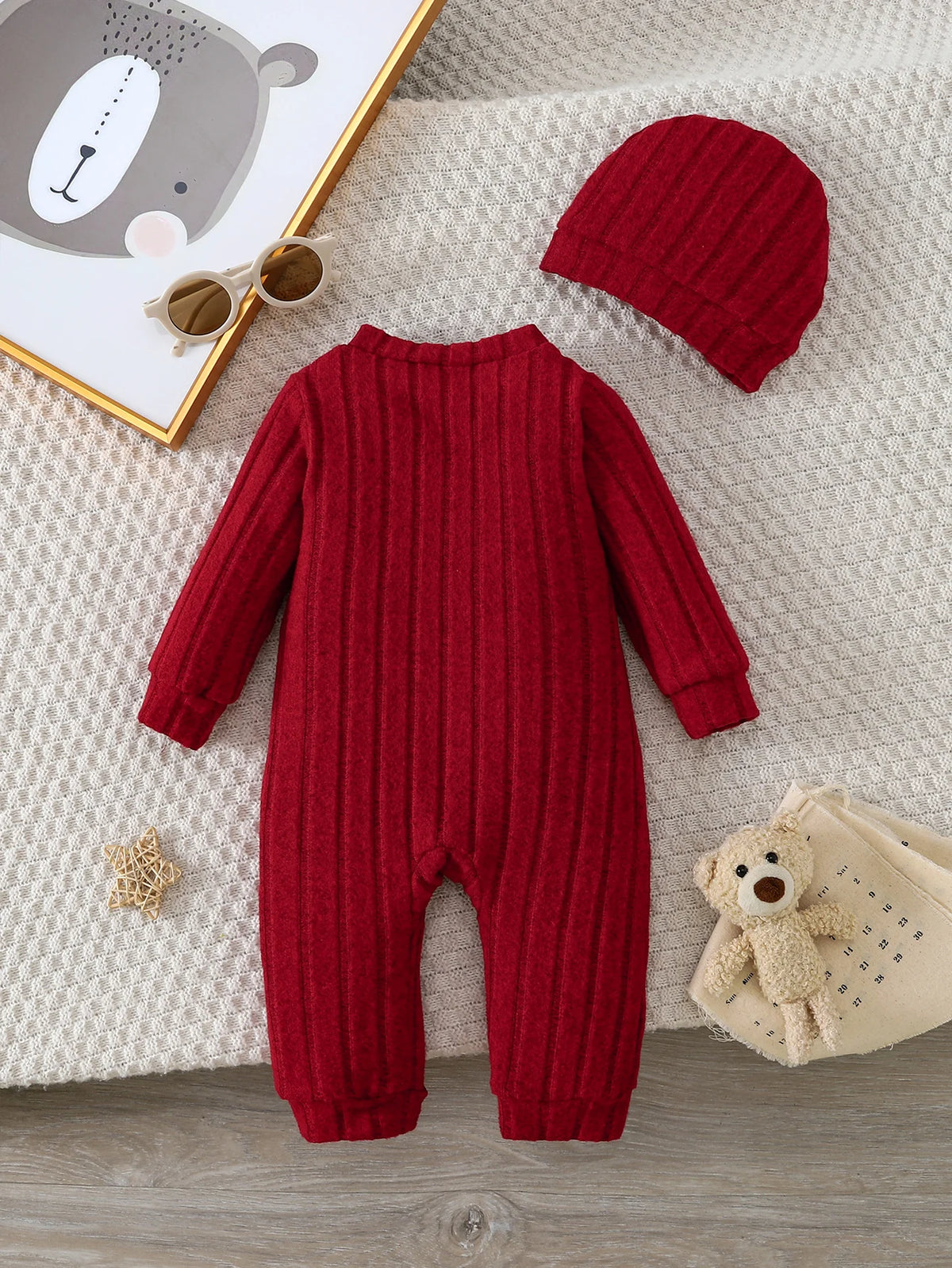 【Baby Boy】Autumn & Winter Red Onesie with Front Single-Breasted