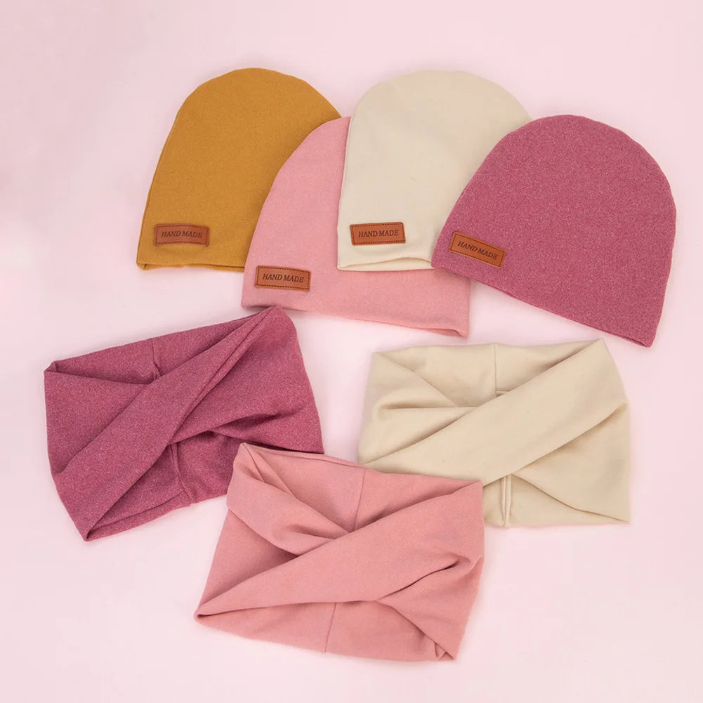 2Pcs/Lot Faux Cashmere Baby Turban Hats Scarf Set Newborn Kids Leather