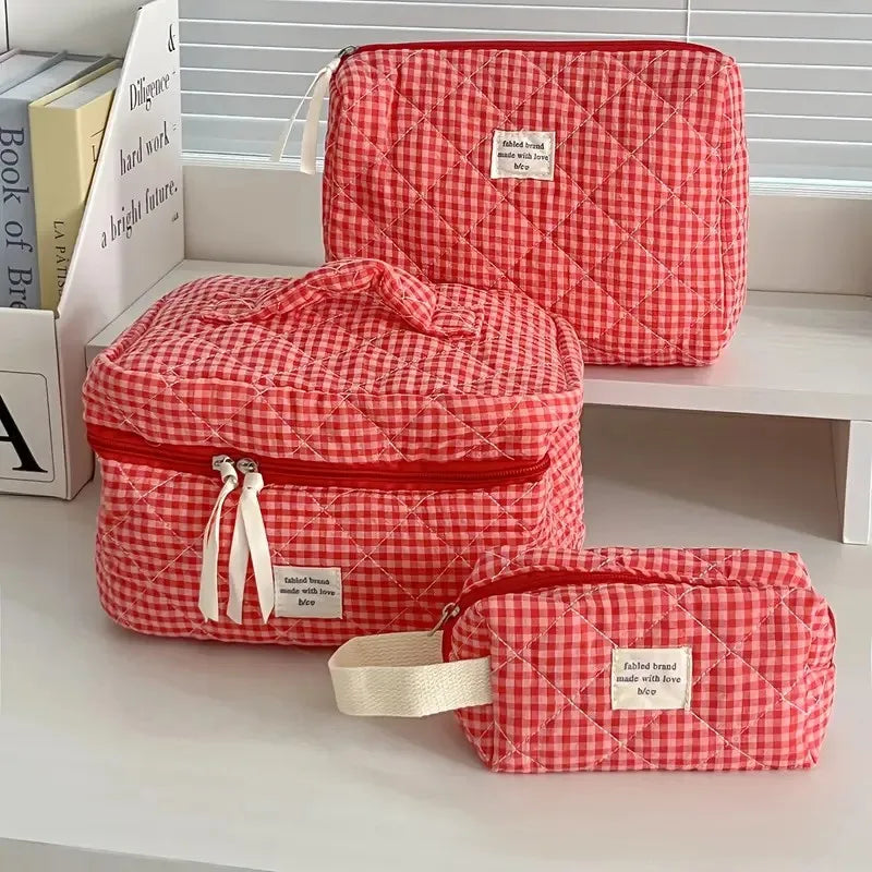 Women Large Capacity Checkered Cosmetic Bag Girls Cotton  Skincare