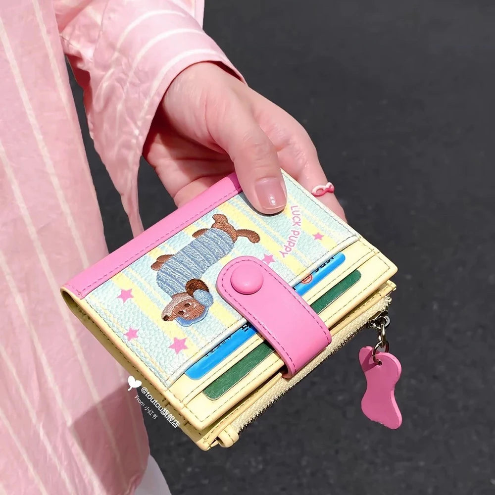 Women Cute Cartoon Embroidery Sausage Dog Wallet Zipper Coin Purse