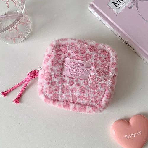 Fashion Trendy Plush Square Leopard Pattern Makeup Bag Winter Cute