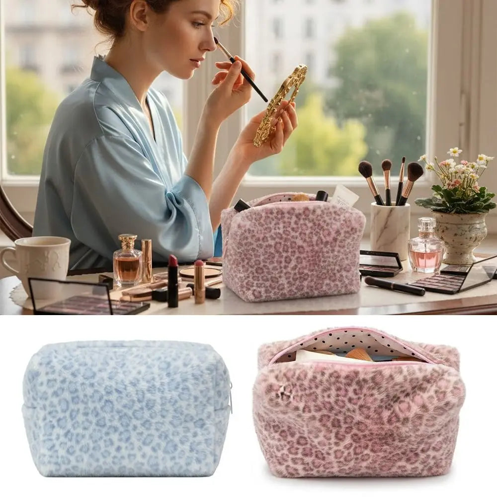 Durable Fuzzy Makeup Bag Large Capacity Leopard Print Toiletry