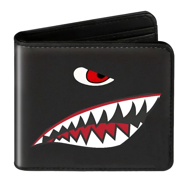 Men's Black Faux Leather Wallet with Shark Mouth Design Slim Credit