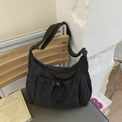 Korean Nylon Shoulder Bag Fashion Simple Plaid Zipper Tote Bag