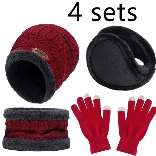 2/4pcs sets Winter Warm Velvet men Hat Scarf Gloves Set For men and