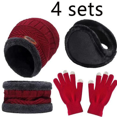 2/4pcs sets Winter Warm Velvet men Hat Scarf Gloves Set For men and