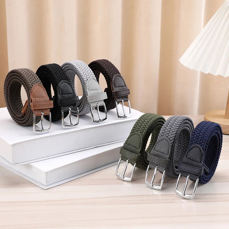 Solid Color Elastic Woven Belt, Casual Men's Hole-Free Elastic Canvas
