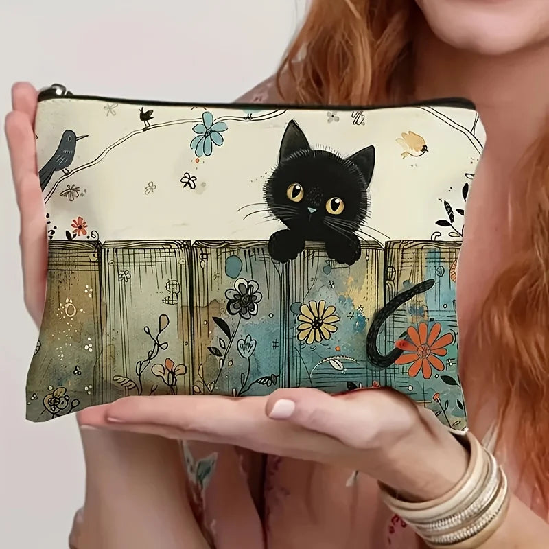 Black Cat Floral Zipper Pouch - Durable, Fade-Resistant Cosmetic Bag,