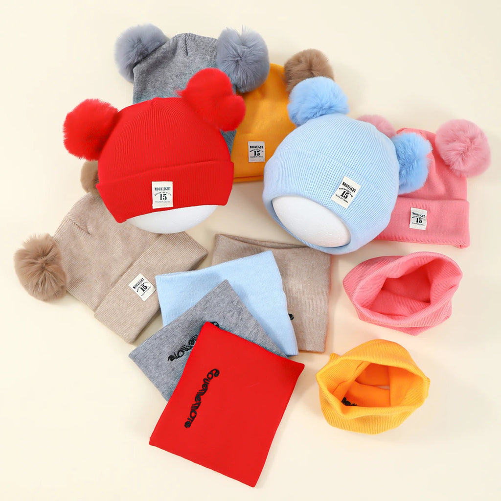 2pcs Winter Baby Hat Scarf Set Toddler Girl Boy Cap Knitted Beanie Fur