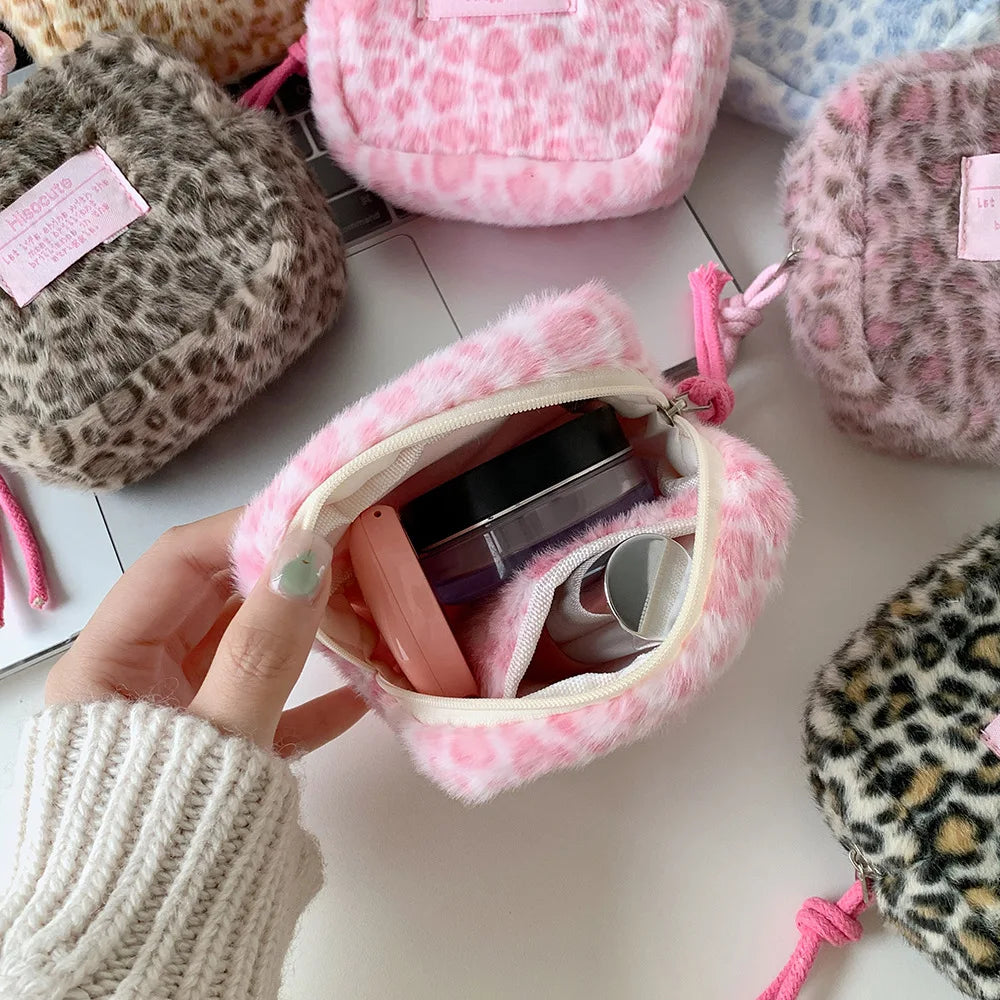 Fashion Trendy Plush Square Leopard Pattern Makeup Bag Winter Cute