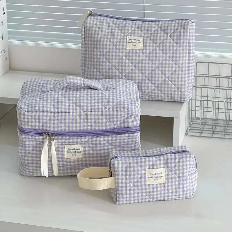 Women Large Capacity Checkered Cosmetic Bag Girls Cotton  Skincare