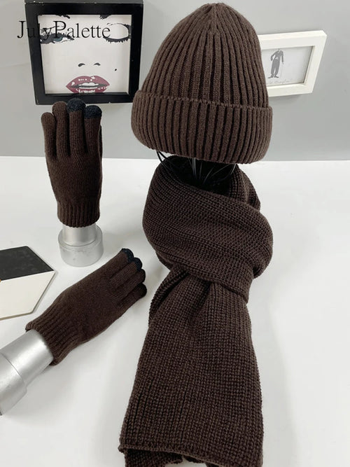 JulyPalette Solid Simple 3Pcs Knitted Set Winter Warm Beanie Hat Long