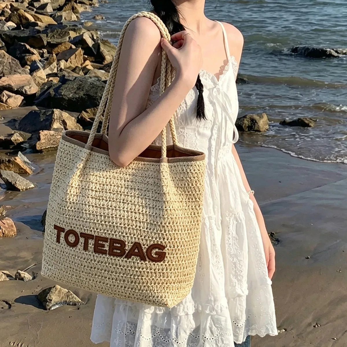 French style large capacity woven straw woven bag for women, new beach