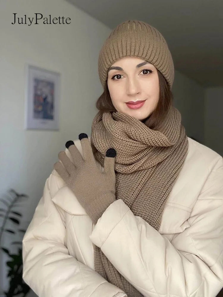 JulyPalette Solid Simple 3Pcs Knitted Set Winter Warm Beanie Hat Long