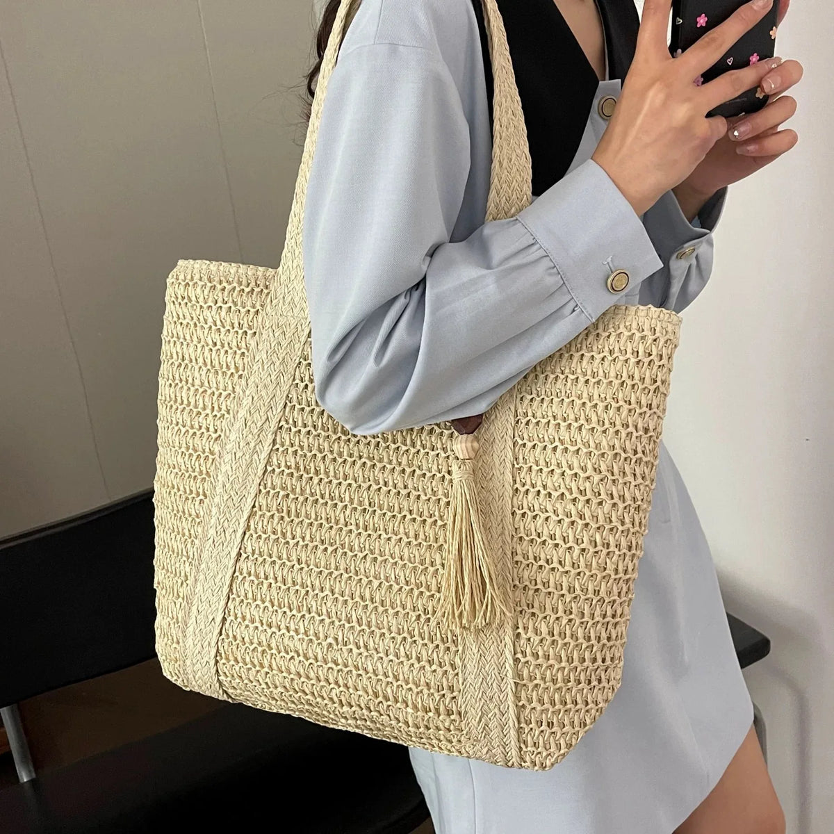 French style large capacity woven straw woven bag for women, new beach